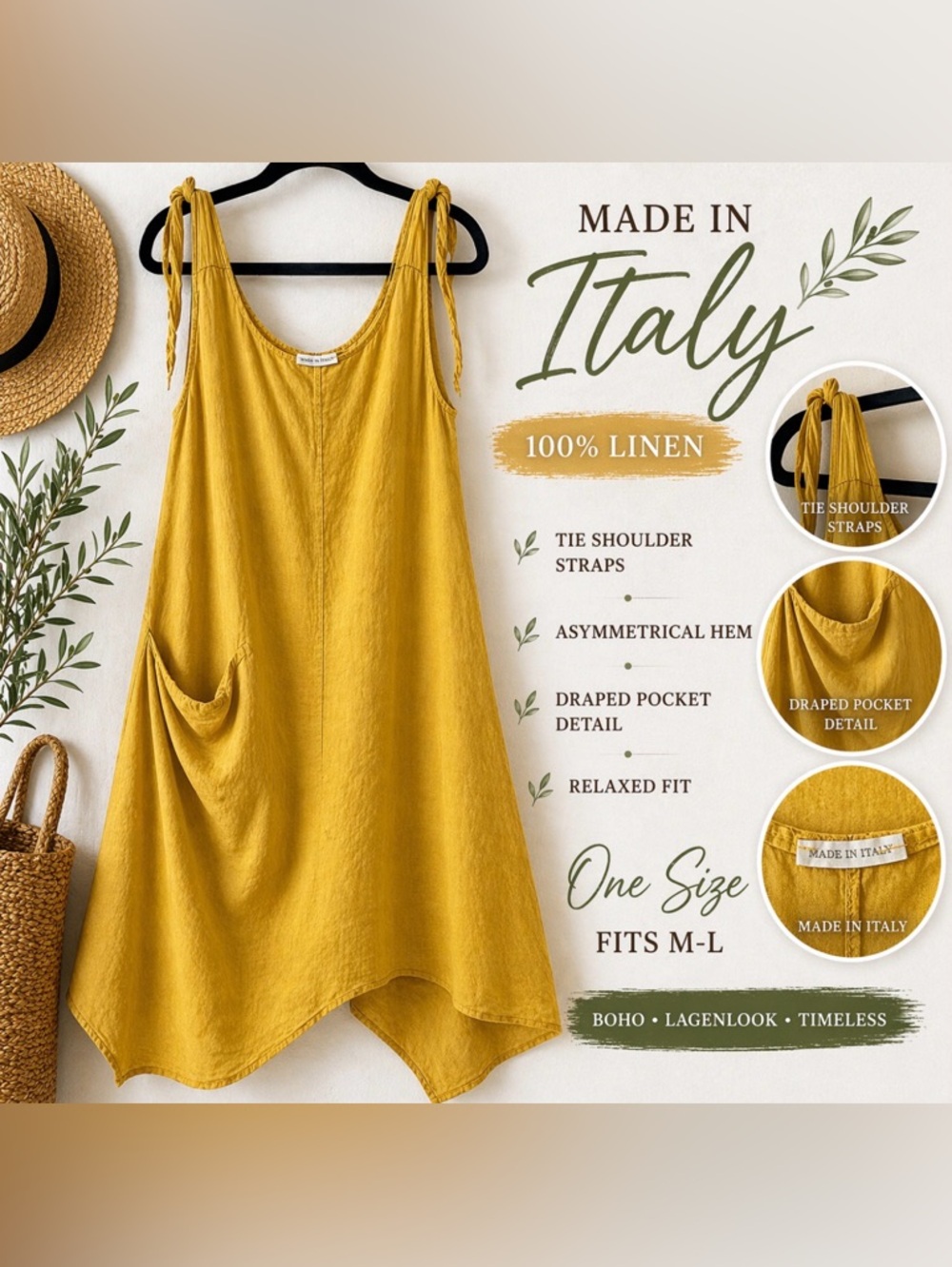 Made in Italy Linen Dress Mustard Tie Shoulder Lagenlook Boho
